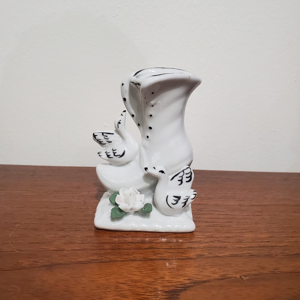 Vintage Sophia Ann Porcelain Boot‎ Bud Vase Figurine with Birds & 3D Flower